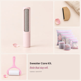 RosyIron Sweater Care Kit with pink velvet lint brush, cashmere comb, mesh laundry bags and sticky lint roller