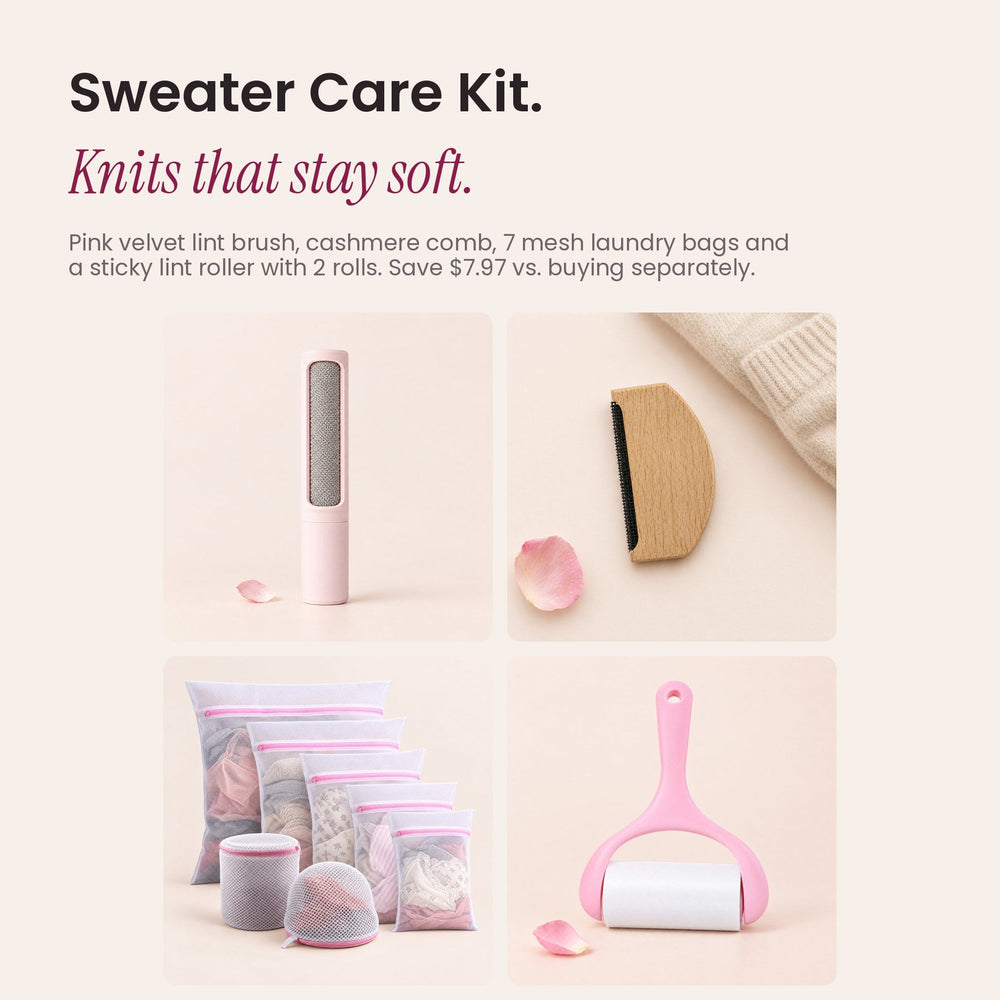 What's in the RosyIron Sweater Care Kit: velvet lint brush, cashmere comb, 7 mesh laundry bags, sticky lint roller
