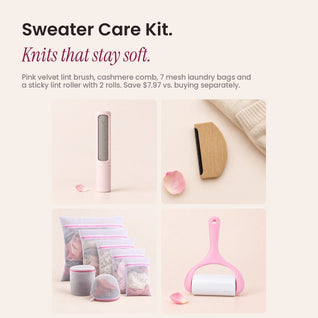 What's in the RosyIron Sweater Care Kit: velvet lint brush, cashmere comb, 7 mesh laundry bags, sticky lint roller
