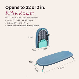 RosyIron tabletop ironing board size, opens to 32 x 12 inches and folds to 16 x 12 inches