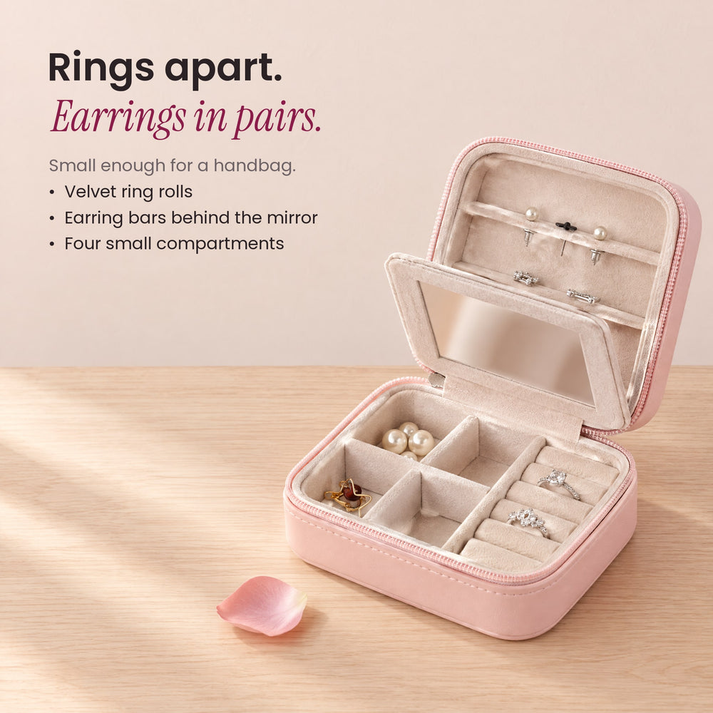 RosyIron travel jewelry case with the mirror panel lifted to show stud earrings on velvet earring bars