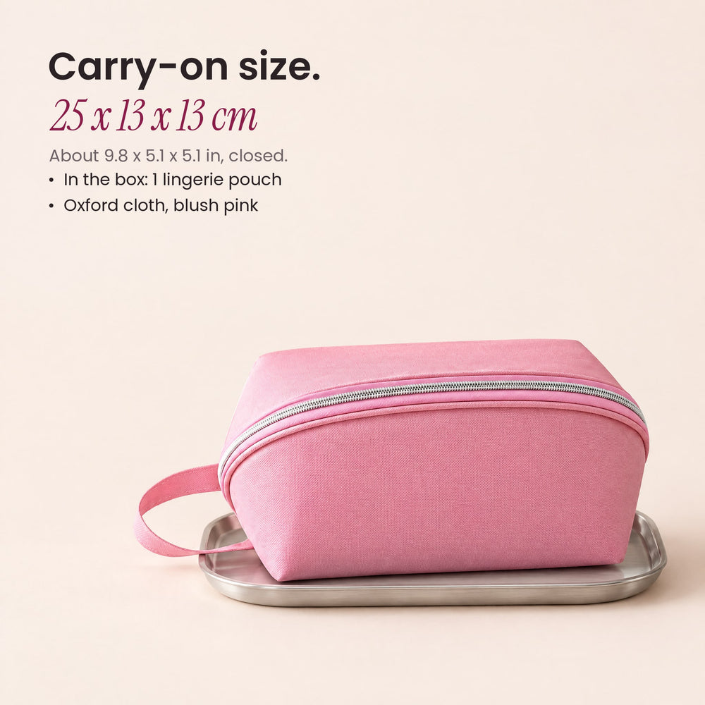 RosyIron travel lingerie pouch size 25 x 13 x 13 cm shown on a brushed silver tray
