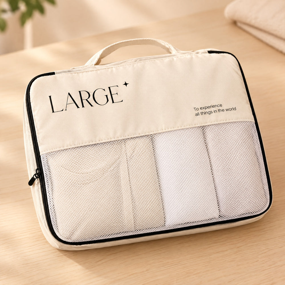 RosyIron large cream packing cube close-up showing white mesh panel, black zipper trim and top handle