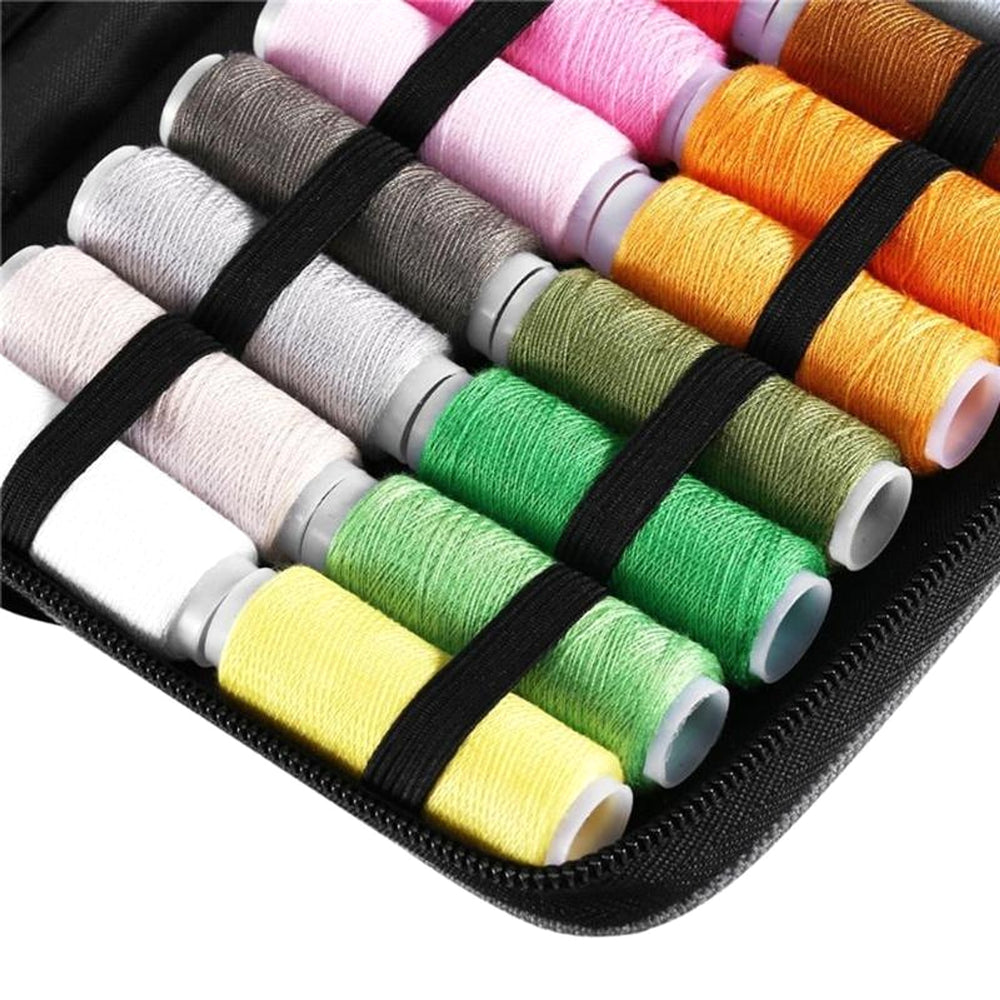 RosyIron travel sewing kit close-up of colored thread spools held by elastic bands inside the zip case
