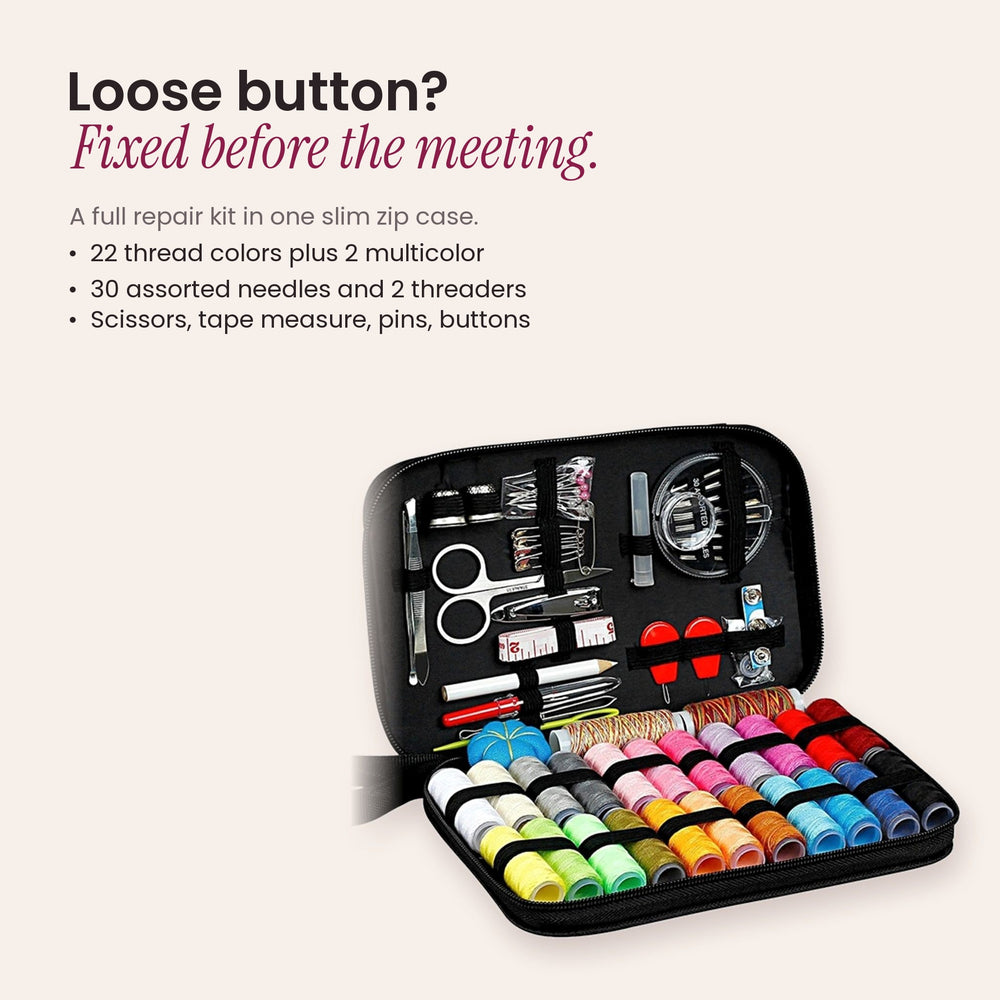 RosyIron travel sewing kit for fixing a loose button before a meeting, with needles, threaders and scissors