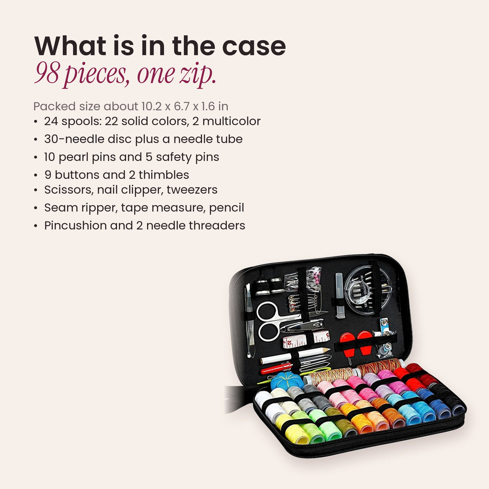 RosyIron travel sewing kit contents list: 24 thread spools, 30-needle disc, pins, buttons, scissors and tape measure