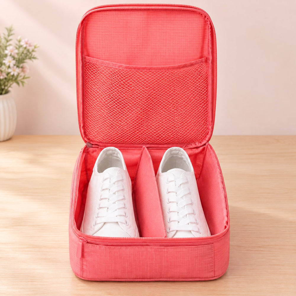 RosyIron pink travel shoe bag opened to show white sneakers on each side of the divider and a mesh lid pocket