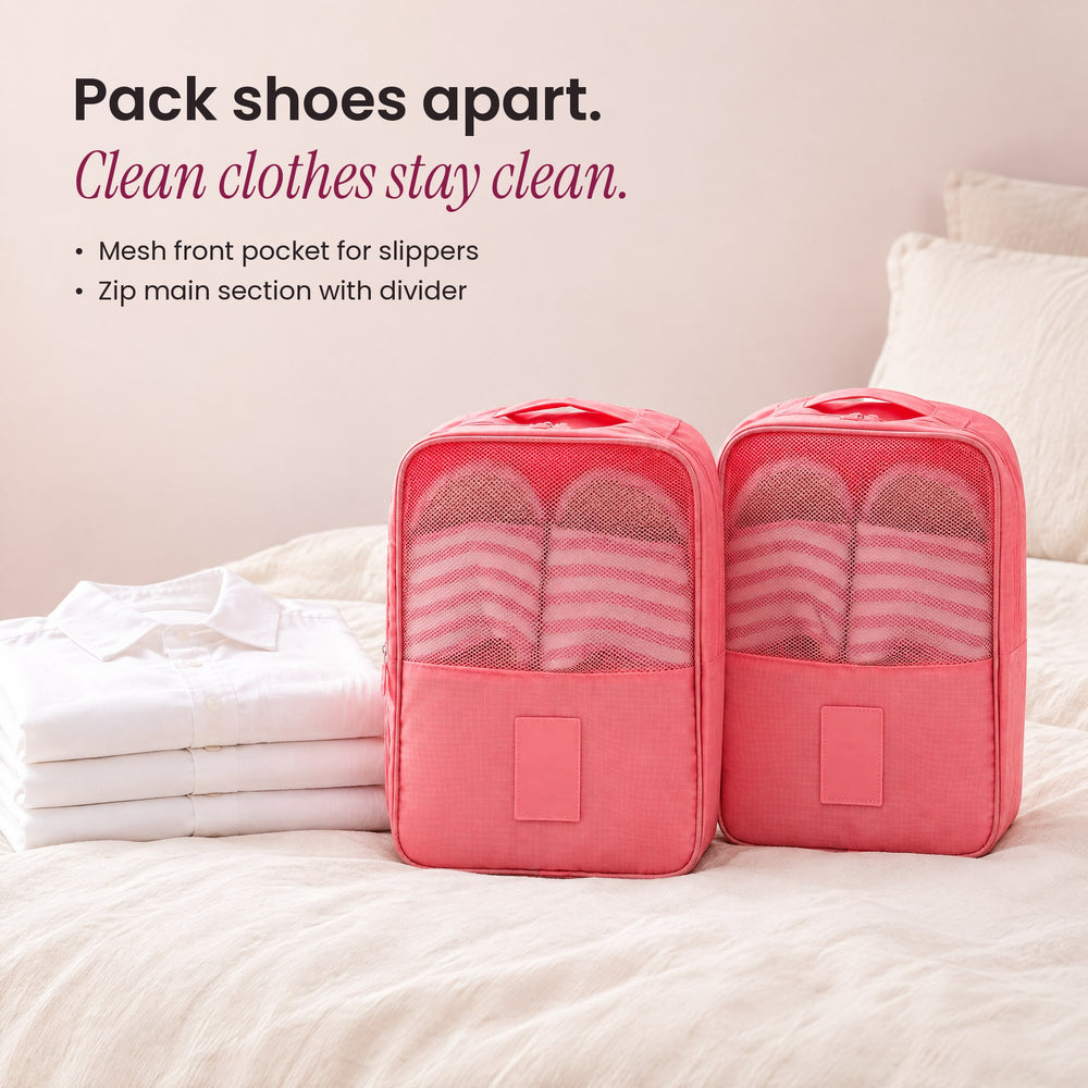 RosyIron two pink travel shoe bags on a bed next to folded white shirts, keeping shoes apart from clothes