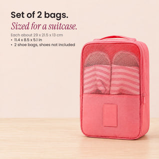 RosyIron pink travel shoe bag with its size, about 29 x 21.5 x 13 cm, for a set of two