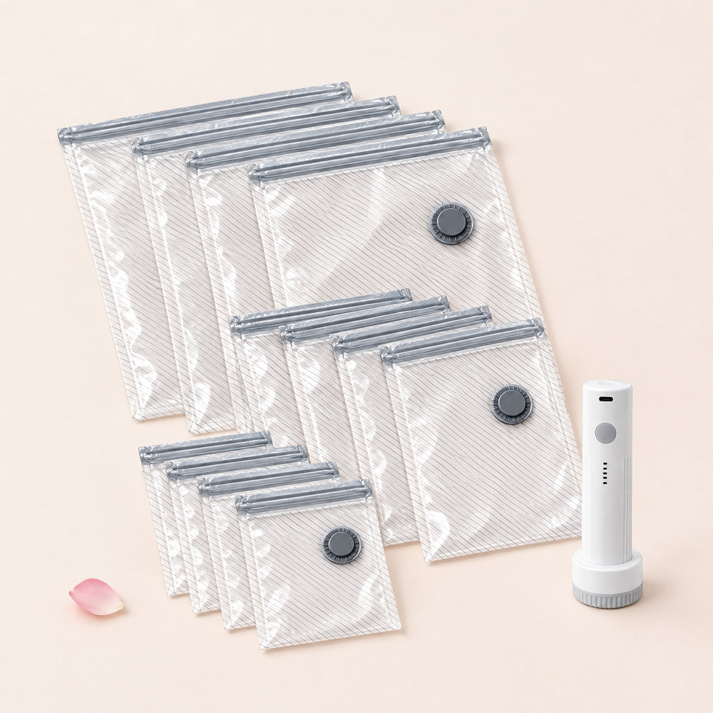RosyIron travel vacuum bags set, four small, four medium and four large clear bags with white electric pump