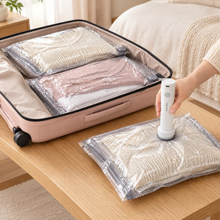 RosyIron electric pump on the valve of a clear vacuum bag beside a pink suitcase packed with compressed sweaters