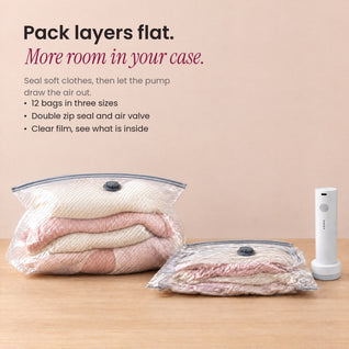 RosyIron vacuum bags before and after compression, a full bag of knitwear next to a flat sealed bag and pump