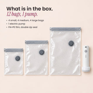 RosyIron travel vacuum bag set contents, small, medium and large clear bags beside the white electric pump