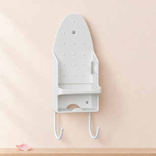 RosyIron wall-mount iron and ironing board holder in white on a blush wall with two coated hooks