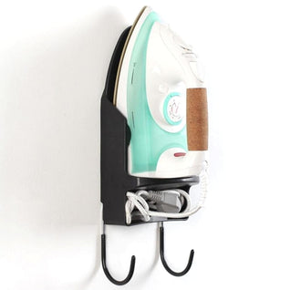 RosyIron wall-mount iron holder in black holding an iron upright with the cord tucked in the tray