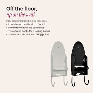 RosyIron iron and ironing board holder in white and black, with cradle, cord tray and board hooks