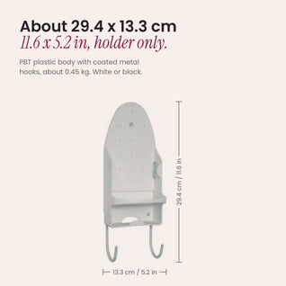 RosyIron wall-mount iron holder size guide showing about 29.4 x 13.3 cm, 11.6 x 5.2 in