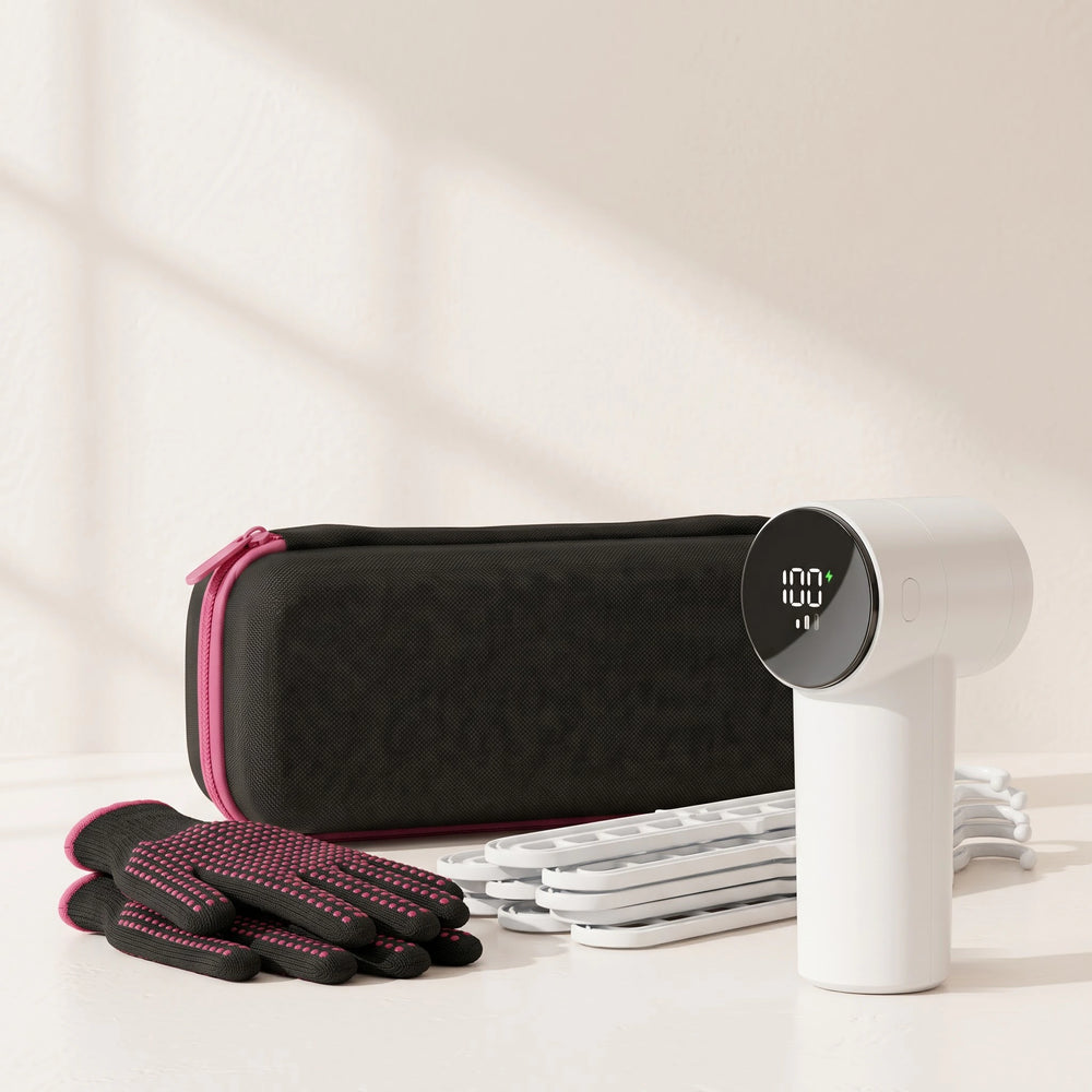 RosyIron Wardrobe Care Kit with travel case, lint remover, steaming gloves and space-saving hangers
