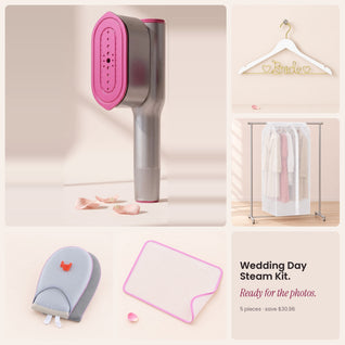 RosyIron Wedding Day Steam Kit with SteamerPro, Bride hanger, garment dust covers, steamer glove and pressing cloth
