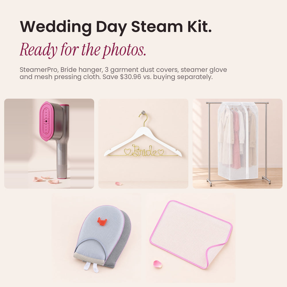 What's in the RosyIron Wedding Day Steam Kit: SteamerPro, Bride hanger, 3 garment dust covers, steamer glove, mesh pressing cloth