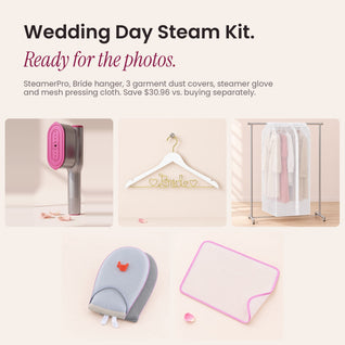 What's in the RosyIron Wedding Day Steam Kit: SteamerPro, Bride hanger, 3 garment dust covers, steamer glove, mesh pressing cloth