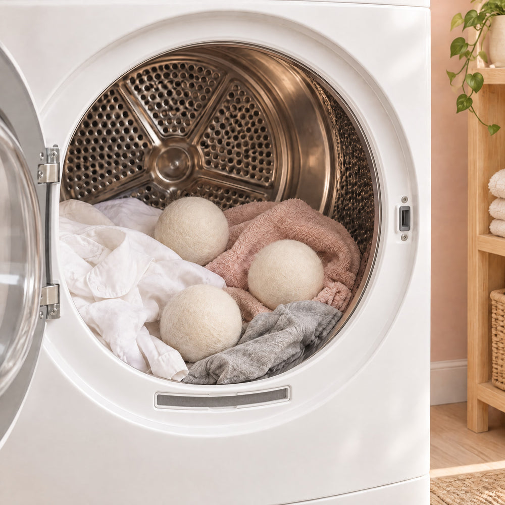 RosyIron wool dryer balls resting on fresh laundry inside an open front-loading tumble dryer drum
