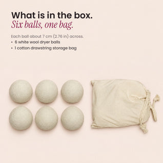 RosyIron wool dryer balls set of six, each about 7 cm, with a cotton drawstring storage bag