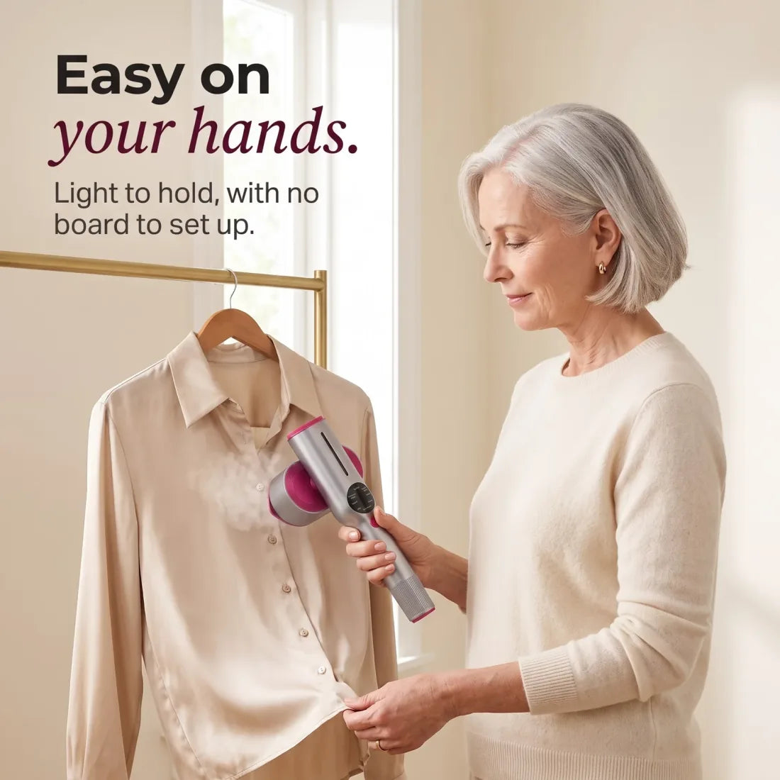 Steaming a silk blouse on the hanger with RosyIron